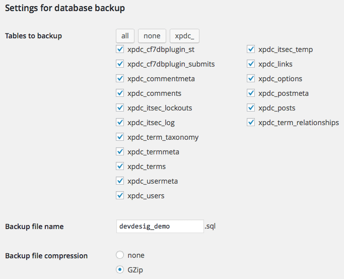 BackWPup database options