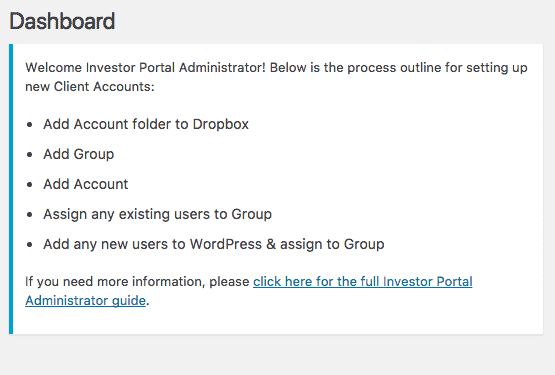 Portal admin message on visit to website dashboard